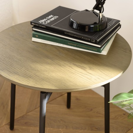 ALMA - Dark Brown Round Side Table 55x55cm with Black Metal Legs