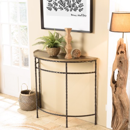 JOHAN Half-Moon Console Table - Gold Aluminium with Twisted Black Metal Legs