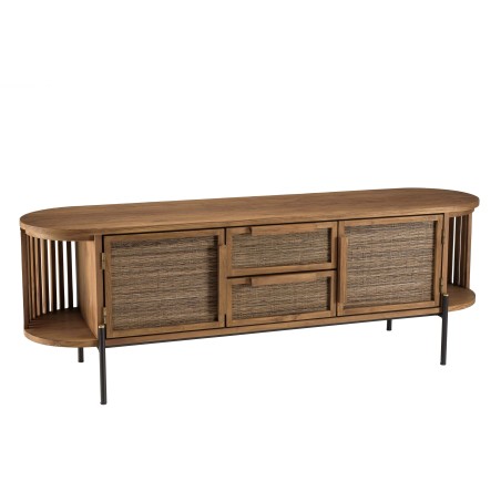 SIXTINE Rounded TV Stand in Recycled Teak Wood - 2 Doors, 2 Drawers
