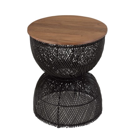 SIXTINE Black Rattan Side Table Recycled Teak Wood Top