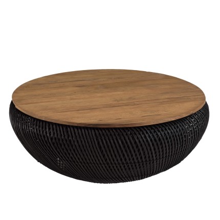 SIXTINE Round Coffee Table 100x100cm in Black Rattan with Removable Top