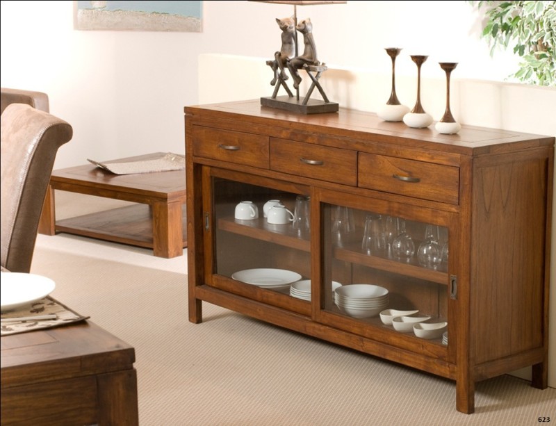 Buffet LORINE marron 2 portes coulissantes vitrées 3 tiroirs