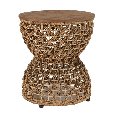 SIXTINE Beige Stool with Recycled Teak Wood Seat
