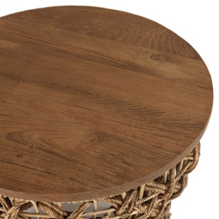 SIXTINE Beige Stool with Recycled Teak Wood Seat