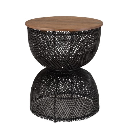 SIXTINE Black Rattan Side Table Recycled Teak Wood Top