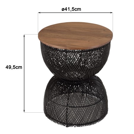 SIXTINE Black Rattan Side Table Recycled Teak Wood Top