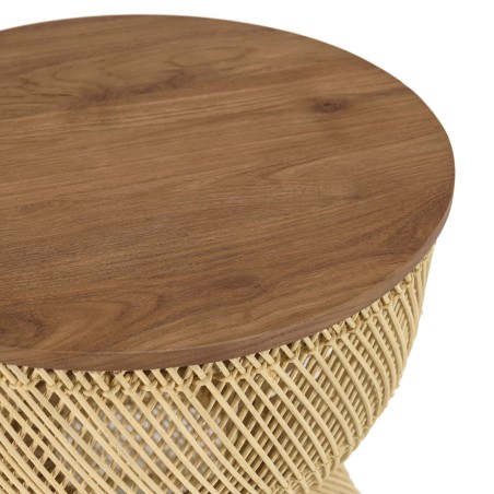 Table d'appoint SIXTINE en rotin beige et bois teck recyclé
