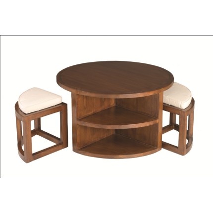 LORINE Brown Round Coffee Table with 2 Stools