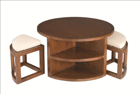 LAUREN Brown Round Coffee Table with 2 Stools