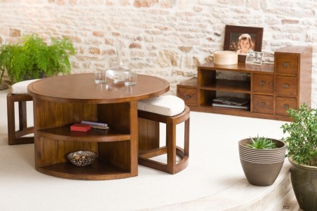 LAUREN Brown Round Coffee Table with 2 Stools