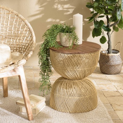 SIXTINE Beige Rattan Side Table - Recycled Teak Wood Top
