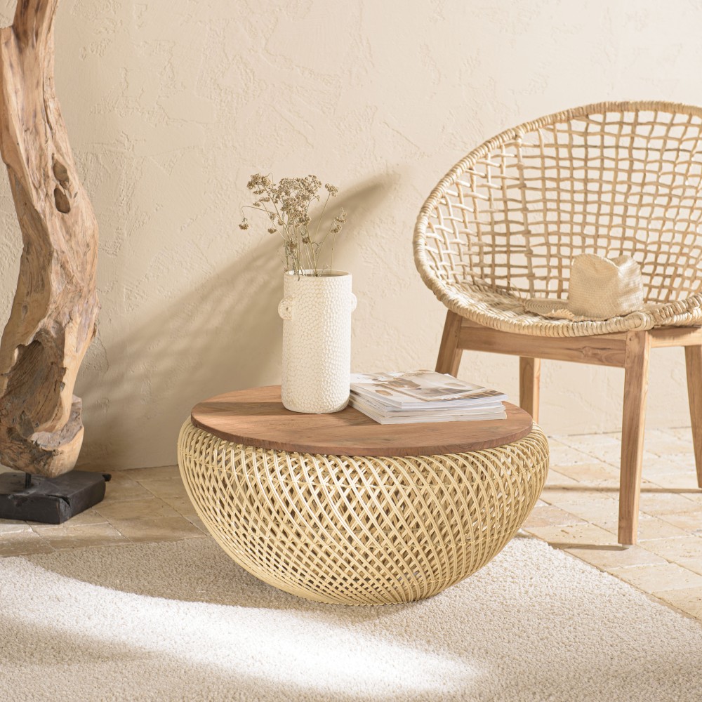 Table basse ronde SIXTINE en rotin beige 65x65cm Table basse ronde SIXTINE en rotin beige 65x65cm