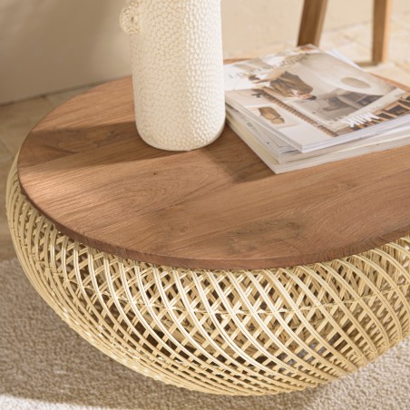Table basse ronde SIXTINE en rotin beige 65x65cm