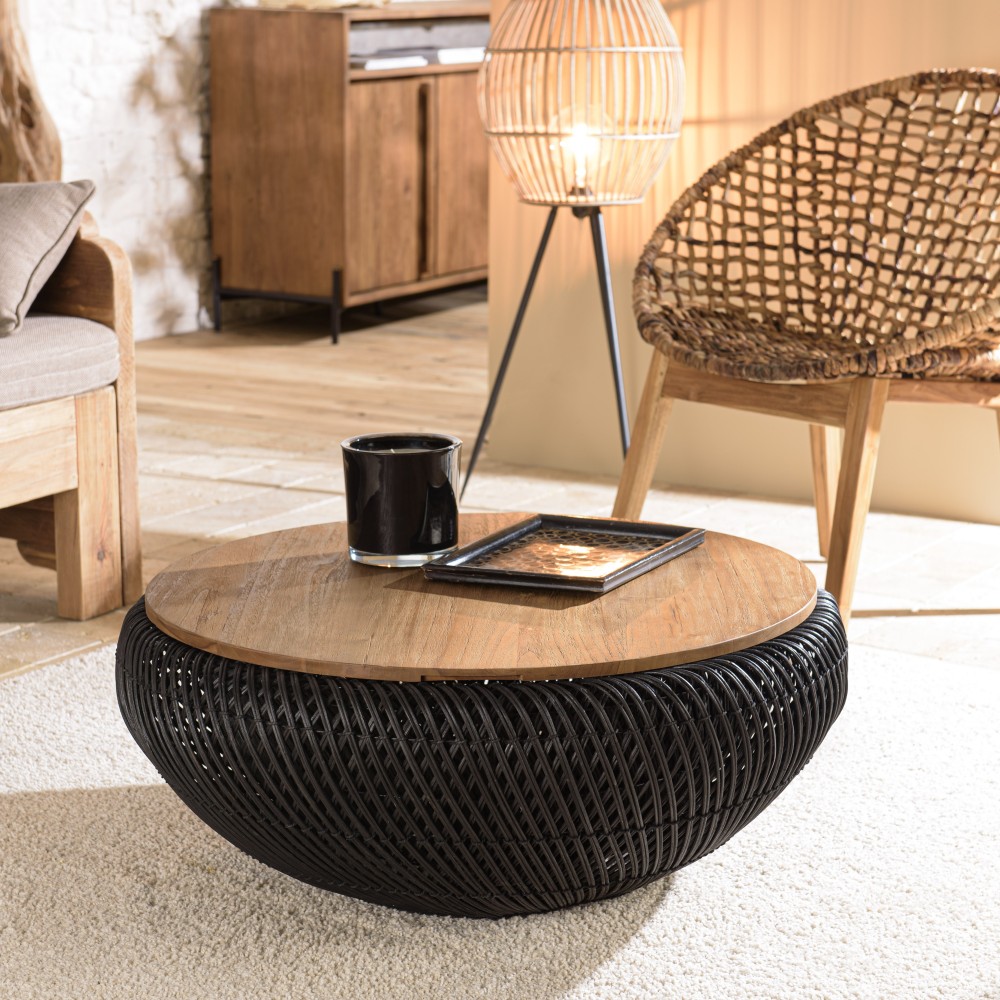 SIXTINE Round Coffee Table 80x80cm - Black Rattan with Removable Top SIXTINE Round Coffee Table 80x80cm - Black Rattan with Removable Top