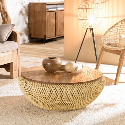 Table basse ronde SIXTINE en rotin beige 80x80cm