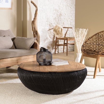 Table basse ronde SIXTINE en rotin noir 100x100cm
