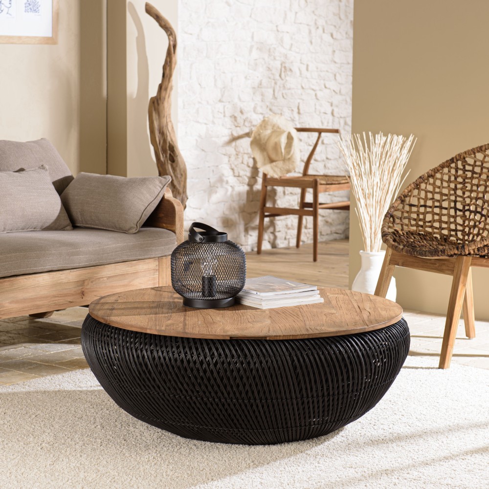 Table basse ronde SIXTINE en rotin noir 100x100cm Table basse ronde SIXTINE en rotin noir 100x100cm