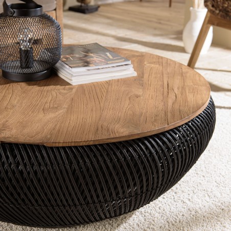 Table basse ronde SIXTINE en rotin noir 100x100cm