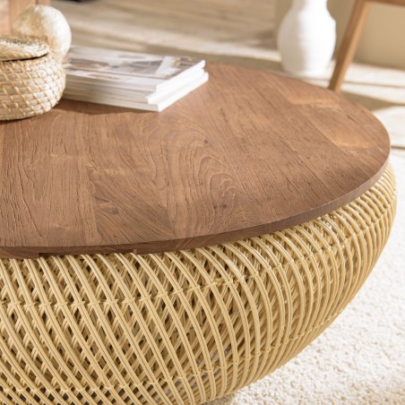 Table basse ronde SIXTINE en rotin beige - 100x100cm
