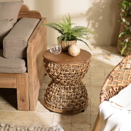 SIXTINE Beige Stool with Recycled Teak Wood Seat