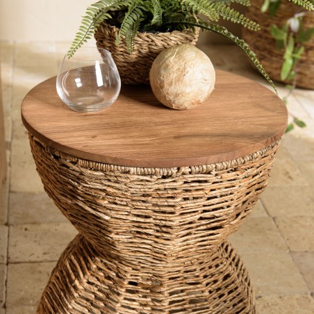 SIXTINE Brown Stool with Recycled Teak Wood Seat