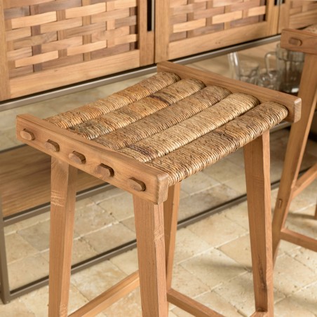 SIXTINE High Stool with Natural Woven Seat - Recycled Teak and Abaca