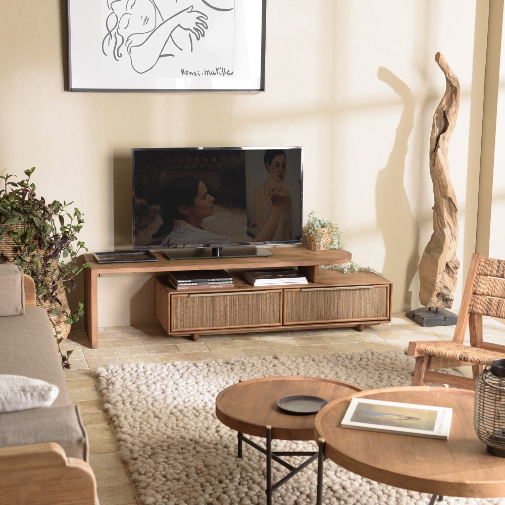 Meuble TV SIXTINE modulable 140x40cm en bois teck recyclé Meuble TV SIXTINE modulable 140x40cm en bois teck recyclé