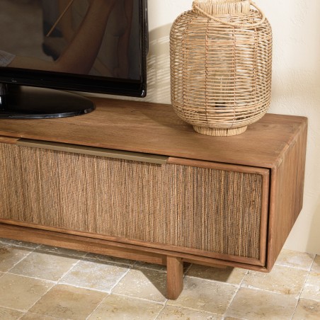 Sixtine TV Stand with 2 Drawers | Recycled Teak Wood & Natural Weave