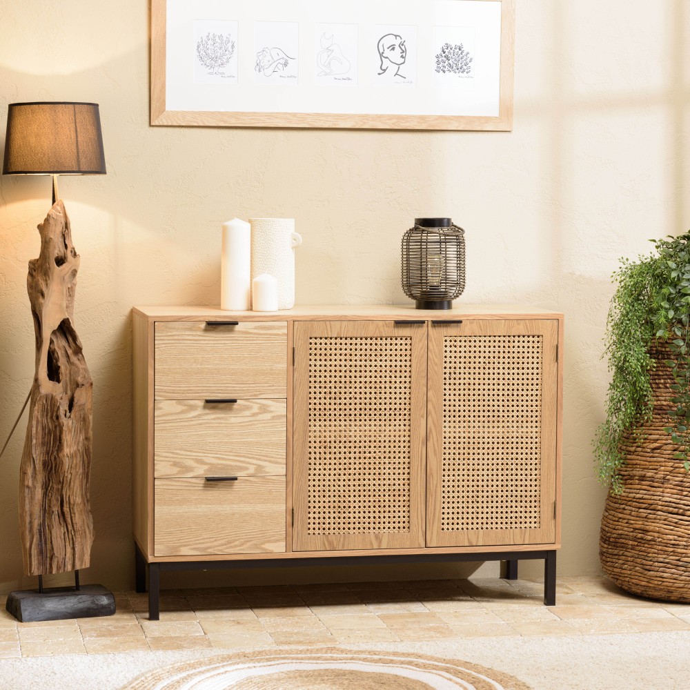 MARCEAU Sideboard with 3 Drawers and 2 Doors - Natural Cane Finish MARCEAU Sideboard with 3 Drawers and 2 Doors - Natural Cane Finish