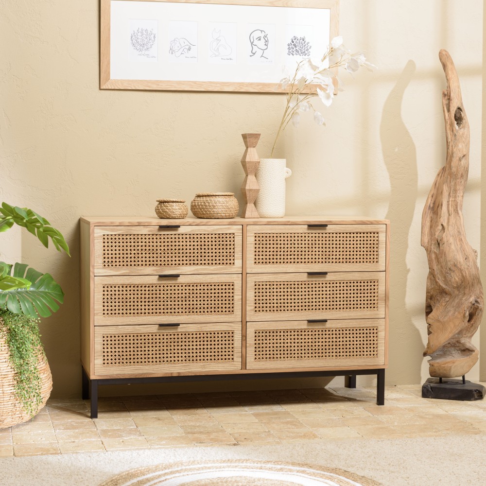Commode MARCEAU - 6 tiroirs cannage naturel Commode MARCEAU - 6 tiroirs cannage naturel