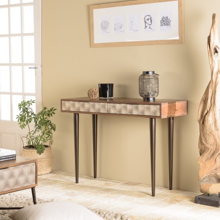 Console en bois de manguier ALIX - 2 tiroirs motifs ethniques dorés