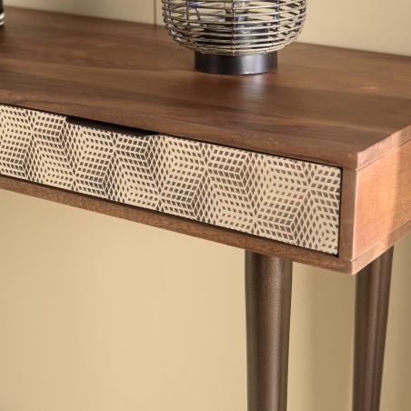 ALIX Console Table - Mango Wood with 2 Drawers & Gold Ethnic Patterns