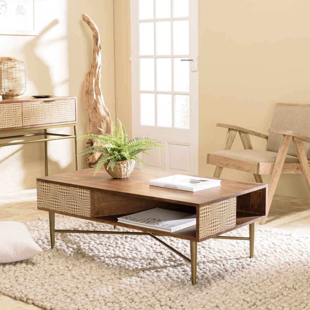 ALIX - Rectangular Mango Wood Coffee Table with 2 Niches ALIX - Rectangular Mango Wood Coffee Table with 2 Niches