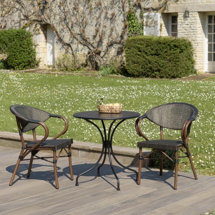 Salon de jardin VIANNEY en acier - 2 personnes - Table ronde 70x70cm et 2 chaises textilène marron