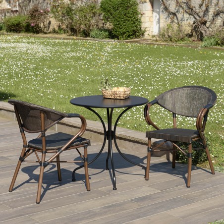 Salon de jardin VIANNEY en acier - 2 personnes - Table ronde 70x70cm et 2 chaises textilène marron