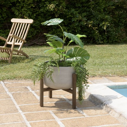 HECTOR Round Concrete Flower Pot on Brown Acacia Legs