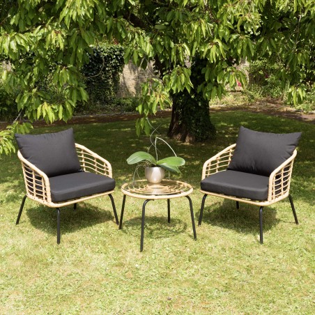 MALO - Set of 2 Synthetic Rattan Armchairs and Round Coffee Table