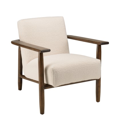 Fauteuil avec pieds et accoudoirs en bois en tissu bouclette écru - GASTON