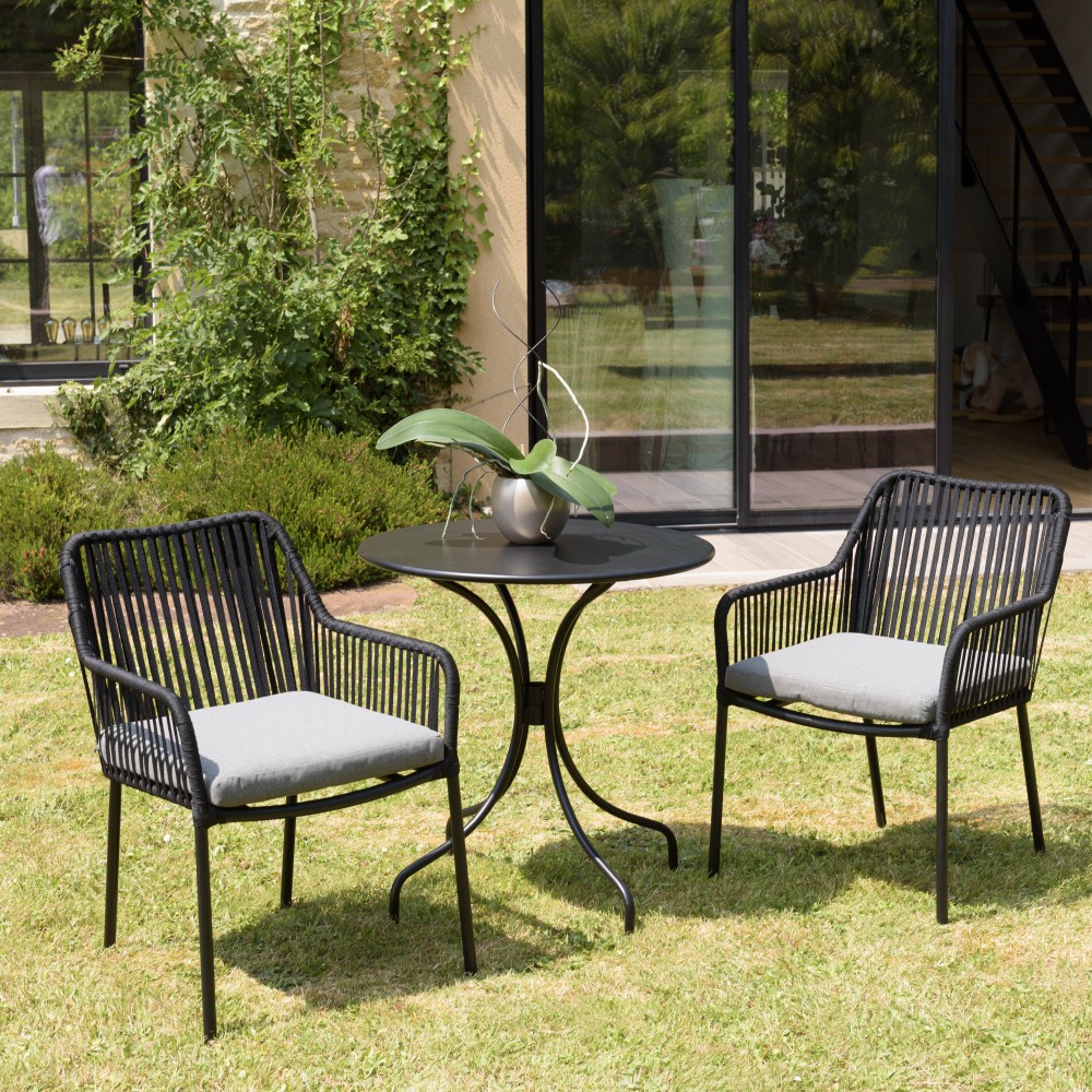Salon de jardin MALO 2 pers. - Table ronde 70x70cm et 2 fauteuils gris et noirs Salon de jardin MALO 2 pers. - Table ronde 70x70cm et 2 fauteuils gris et noirs