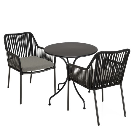 Salon de jardin MALO 2 pers. - Table ronde 70x70cm et 2 fauteuils gris et noirs