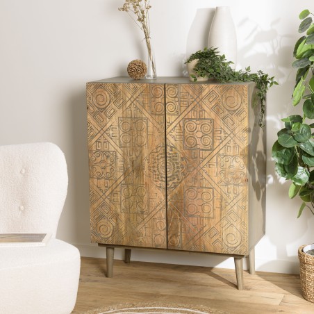 ISA - Mango Wood Buffet with Ethnic Patterns - 2 Doors - Distressed Look