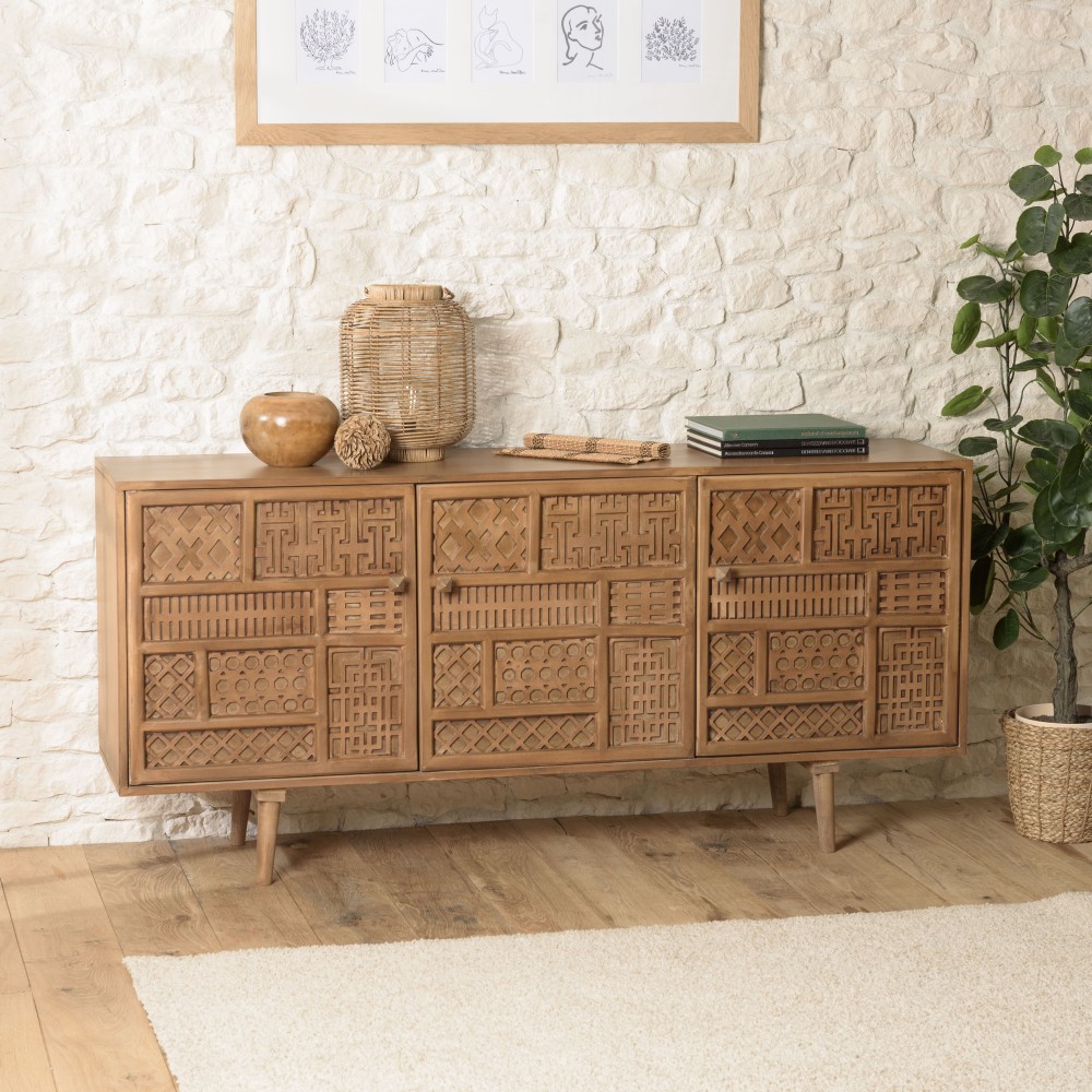 ISA - Patinated Mango Wood Sideboard with Art Deco Carved Motifs ISA - Patinated Mango Wood Sideboard with Art Deco Carved Motifs