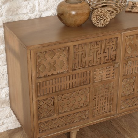 ISA - Patinated Mango Wood Sideboard with Art Deco Carved Motifs
