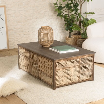 ISA Dark Mango Wood Coffee Table with Natural Cane Patchwork