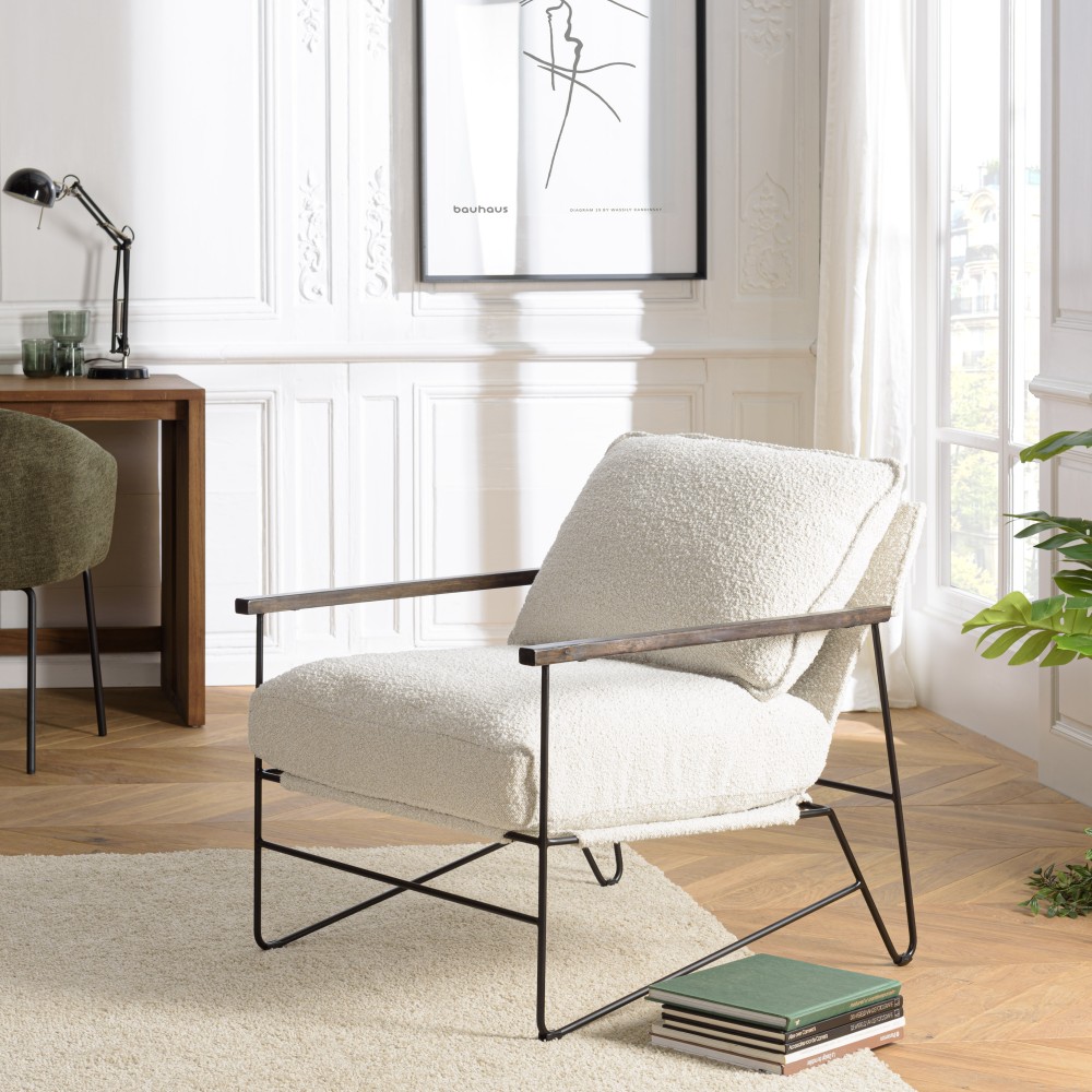 Fauteuil OCTAVE - Tissu écru et bois Fauteuil OCTAVE - Tissu écru et bois