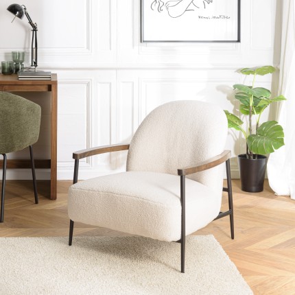 Fauteuil avec accoudoirs en bois en tissu bouclette écru - GASTON