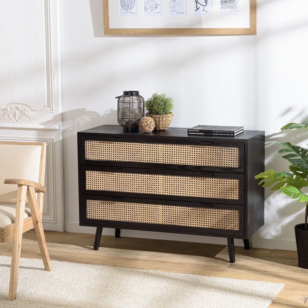 Commode noire 3 tiroirs cannage naturel ANGELO Commode noire 3 tiroirs cannage naturel ANGELO