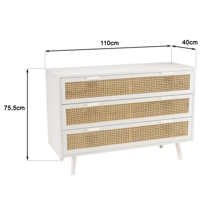 Commode blanche SMANDY 3 tiroirs cannage naturel