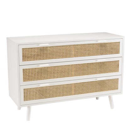 Commode blanche SMANDY 3 tiroirs cannage naturel