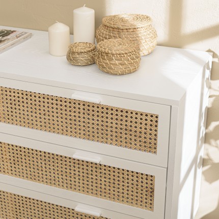 Commode blanche SMANDY 3 tiroirs cannage naturel